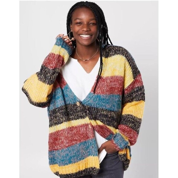 Gilded Intent Women's Striped Long Cardigan Sweater Size Large Oversized Fit - Picture 1 of 9